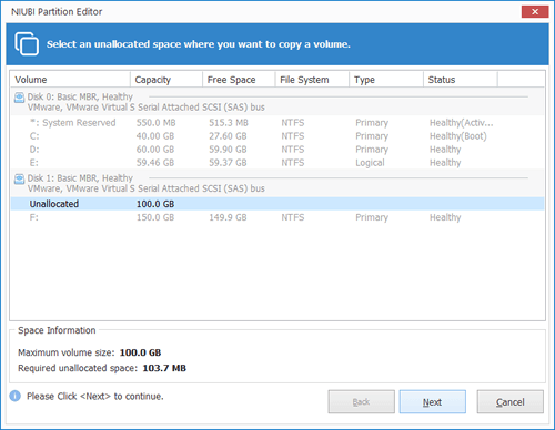Sélectionner espace non alloué