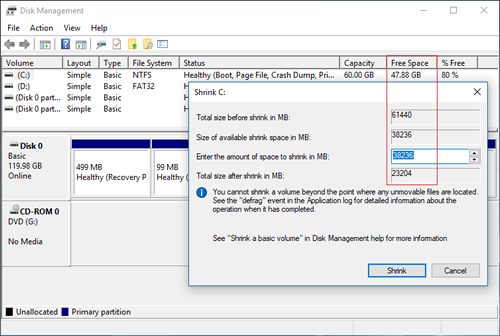 Réduire le lecteur C